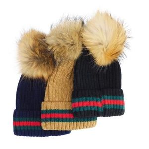 NEW Striped Knitted Hats with Removable Fur Pom